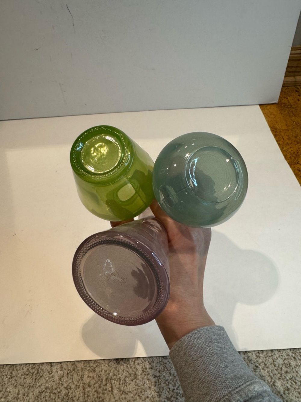 Set of 3 Colorful Hand-Blown Glass Bud Vases - Green, Blue, Purple - Picture 4 of 4
